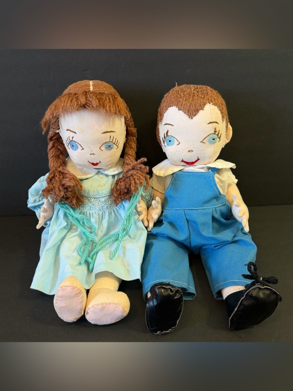 Vintage McCalls Handmade Rag Doll Jointed Embroidery Jute 1970s Boy Girl Set 2x